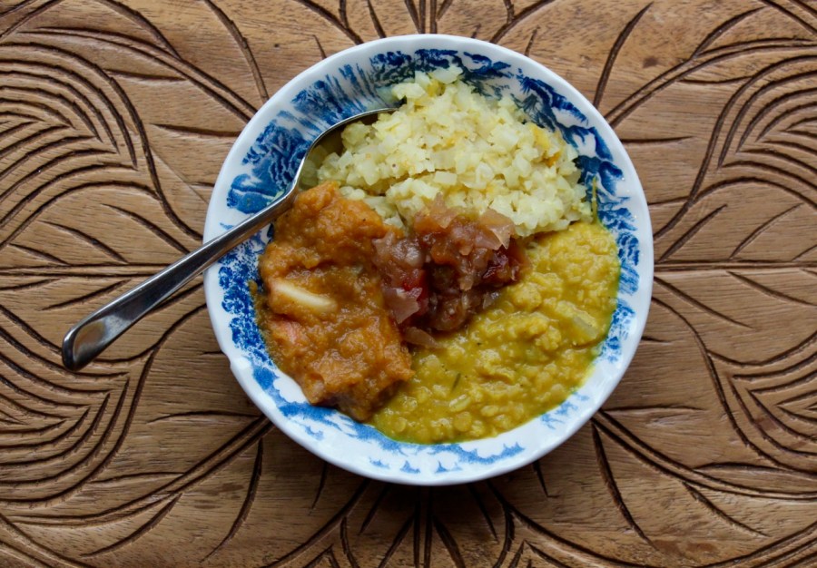 Butternut squash and curried lentil bowl with apple chutney